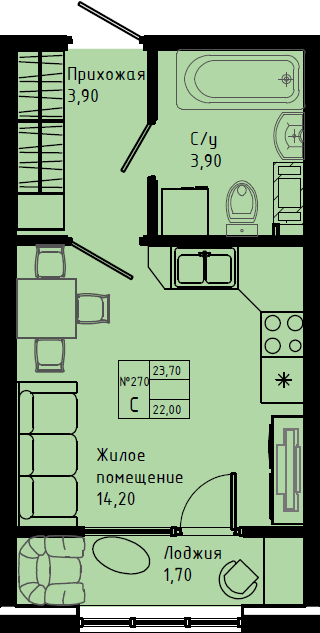 Квартира-студия, 23.7 м² в ЖК "Pixel" - планировка, фото №1