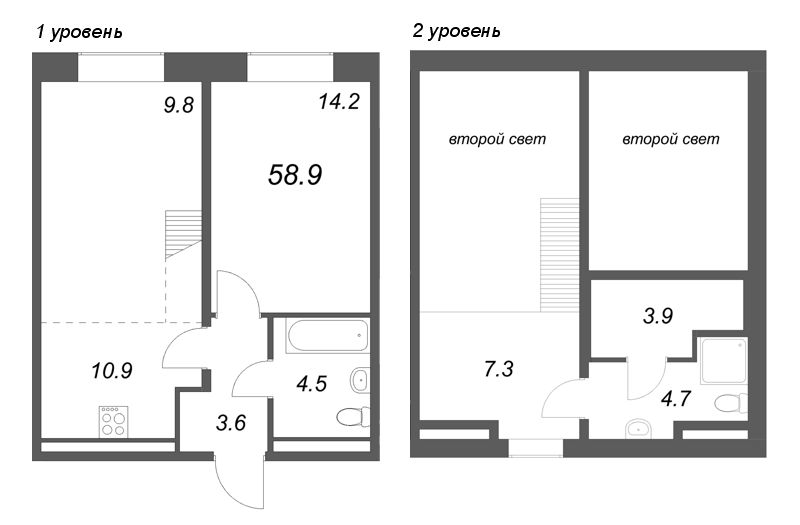 3-комнатная (Евро) квартира, 58.9 м² в ЖК "Пулково Лейк" - планировка, фото №1