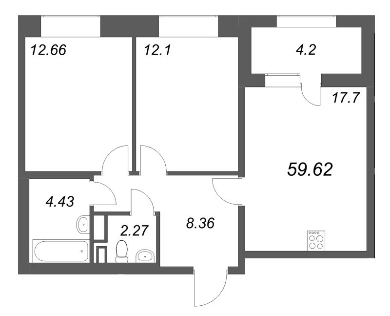 3-комнатная (Евро) квартира, 59.62 м² в ЖК "Аквилон Солар" - планировка, фото №1