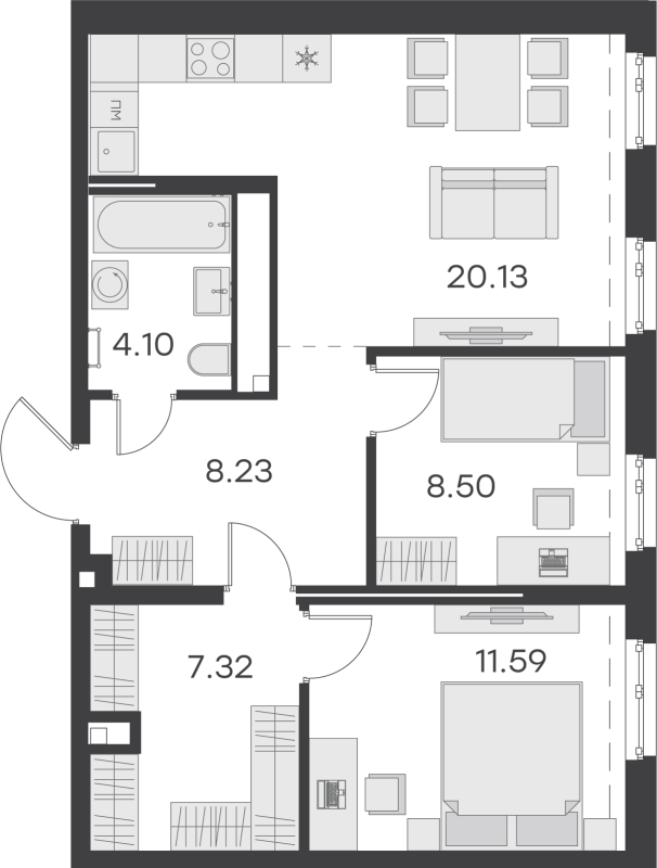 3-комнатная (Евро) квартира, 59.87 м² в ЖК "GloraX Балтийская" - планировка, фото №1