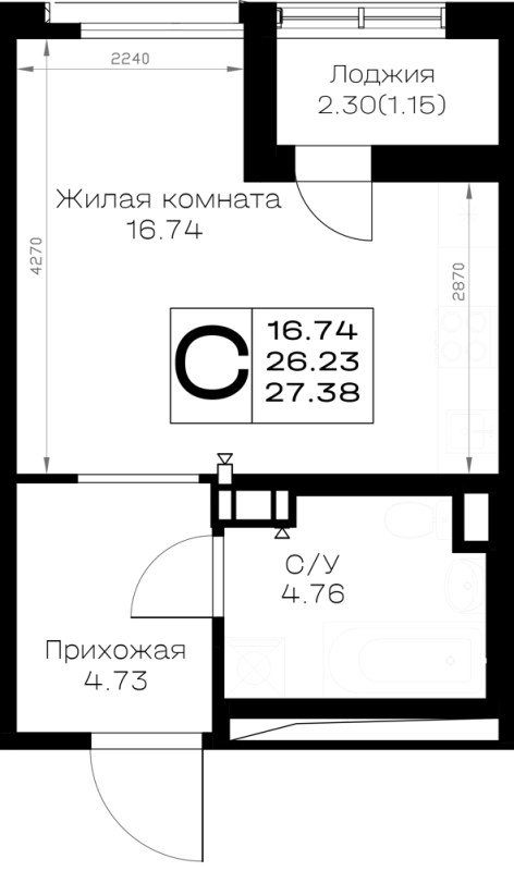 Квартира-студия, 27.38 м² в ЖК "Борский" - планировка, фото №1