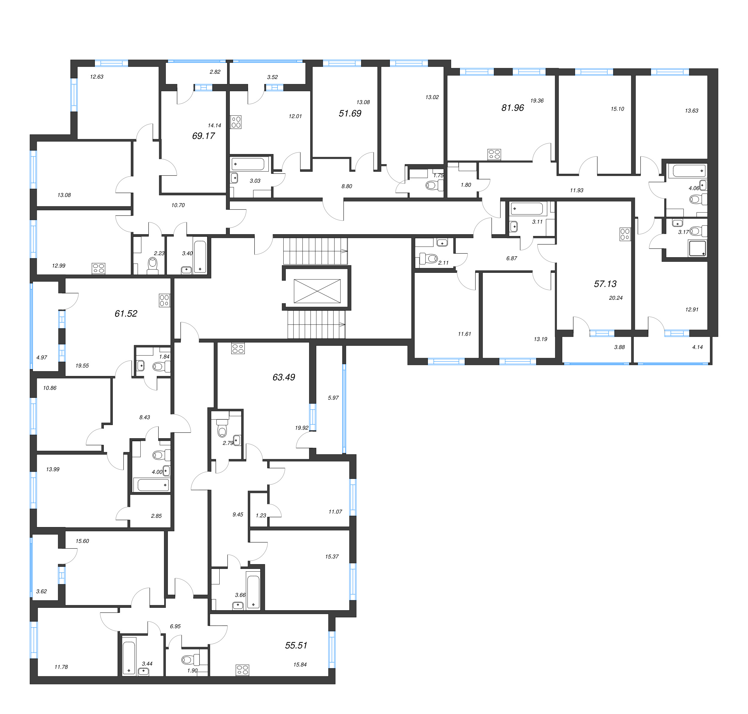 3-комнатная (Евро) квартира, 63.49 м² - планировка этажа