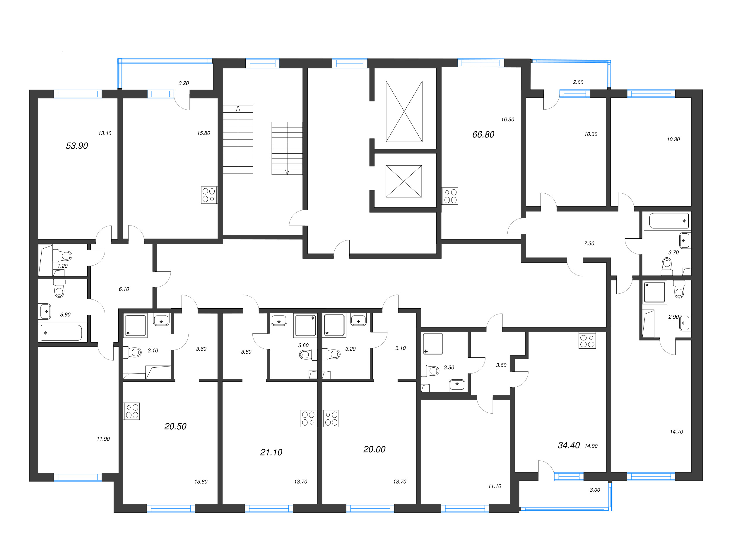 2-комнатная квартира, 53.9 м² в ЖК "Ручьи" - планировка этажа
