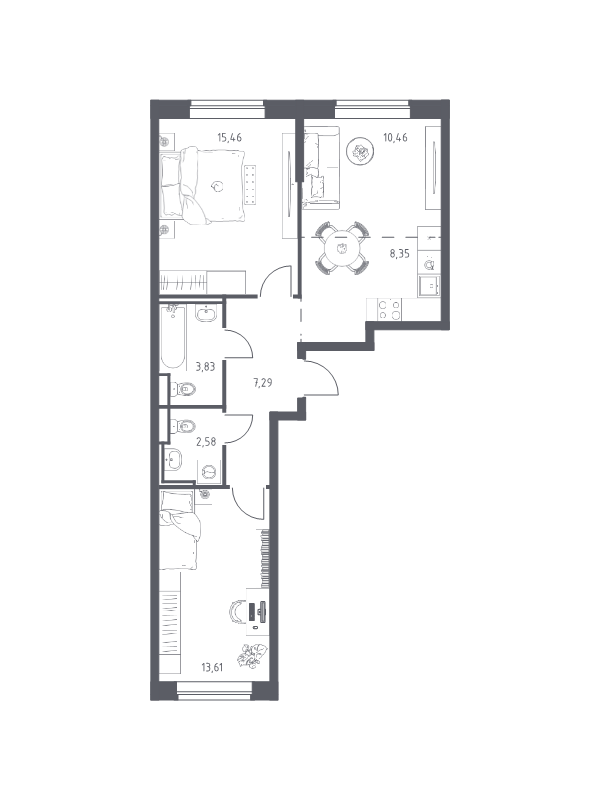3-комнатная (Евро) квартира, 61.58 м² в ЖК "Живи! В Рыбацком" - планировка, фото №1