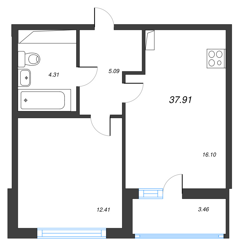 2-комнатная (Евро) квартира, 37.91 м² - планировка, фото №1