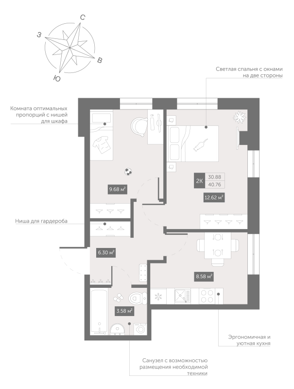 2-комнатная квартира, 40.76 м² - планировка, фото №1