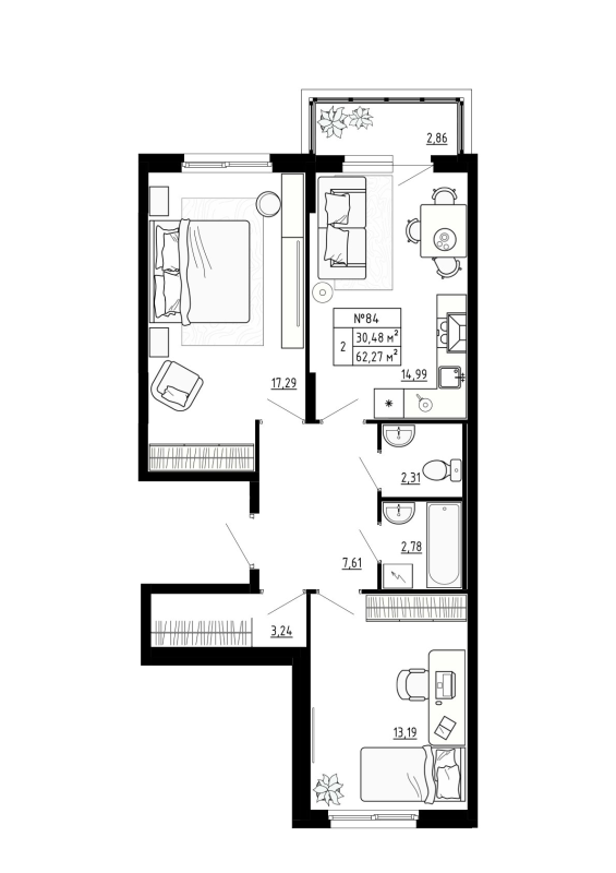 2-комнатная квартира, 62.27 м² в ЖК "Аннино Сити" - планировка, фото №1