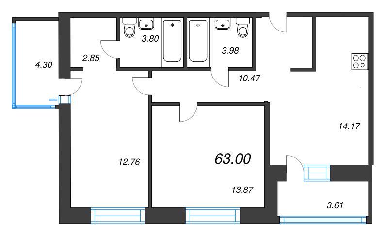 3-комнатная (Евро) квартира, 63 м² в ЖК "Уютный" - планировка, фото №1