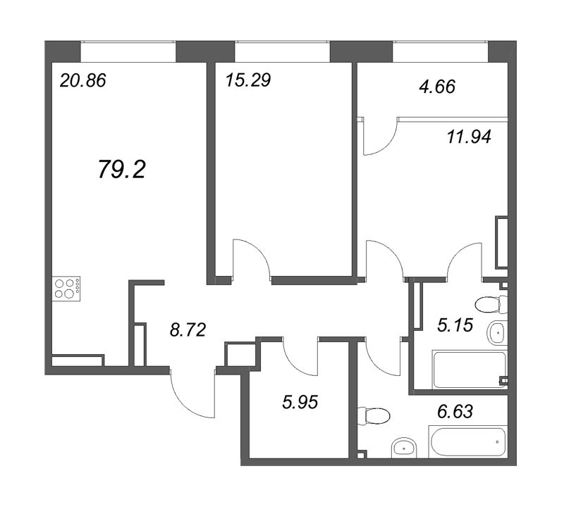 3-комнатная (Евро) квартира, 79.2 м² в ЖК "17/33 Петровский остров" - планировка, фото №1