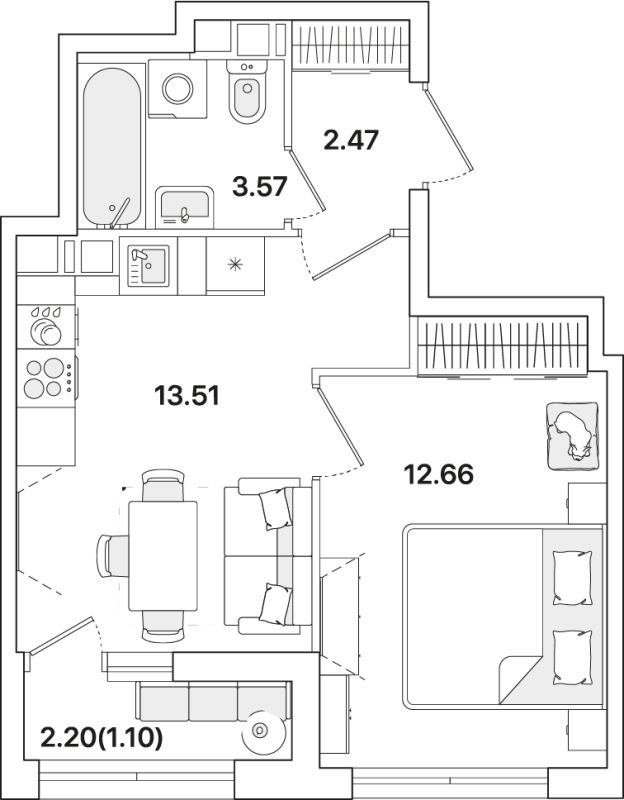 1-комнатная квартира, 33.31 м² - планировка, фото №1
