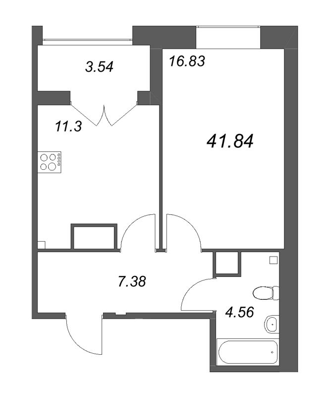 1-комнатная квартира, 41.84 м² - планировка, фото №1