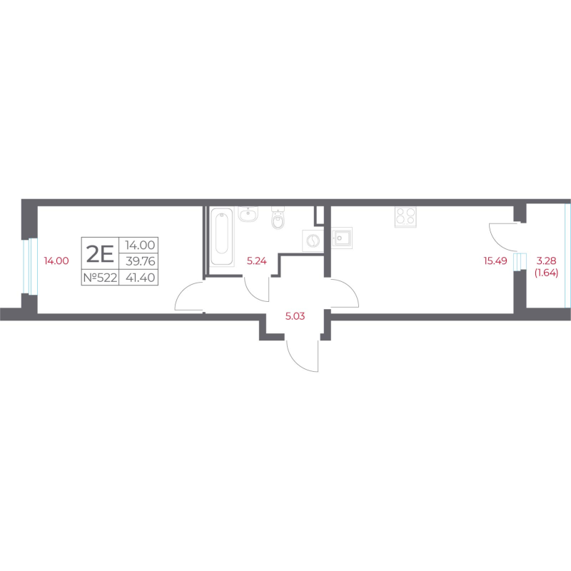 2-комнатная (Евро) квартира, 41.4 м² в ЖК "Город-спутник Южный" - планировка, фото №1