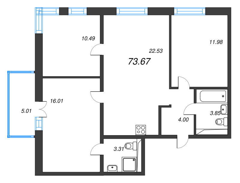 4-комнатная (Евро) квартира, 73.67 м² в ЖК "Арт Парк" - планировка, фото №1