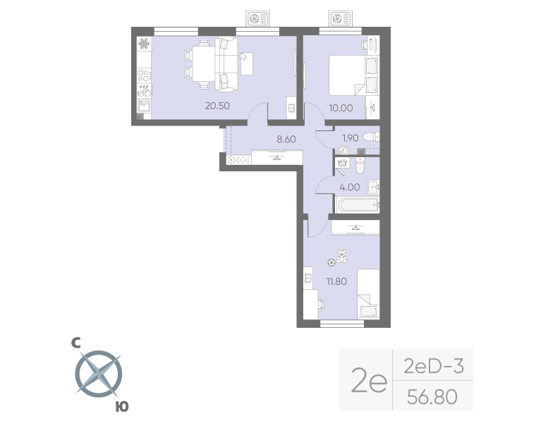 3-комнатная (Евро) квартира, 56.8 м² в ЖК "Ручьи" - планировка, фото №1