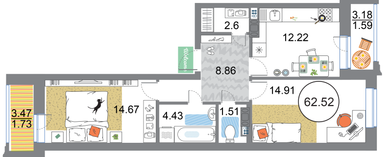 2-комнатная квартира, 62.52 м² в ЖК "Modum" - планировка, фото №1