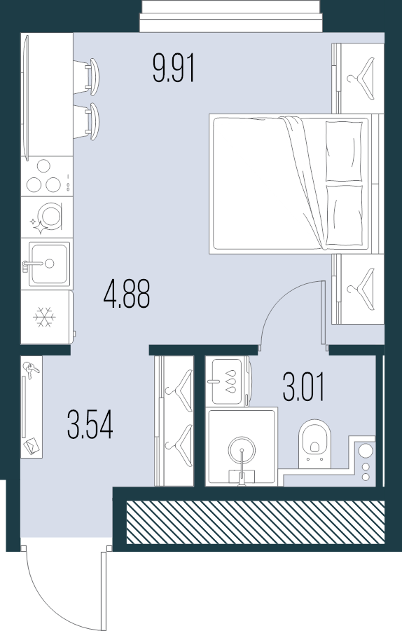 Квартира-студия, 21.34 м² в ЖК "Новая Земля" - планировка, фото №1