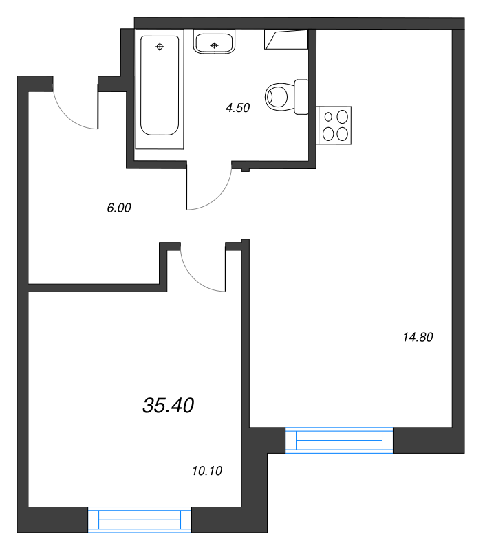 1-комнатная квартира, 35.4 м² - планировка, фото №1