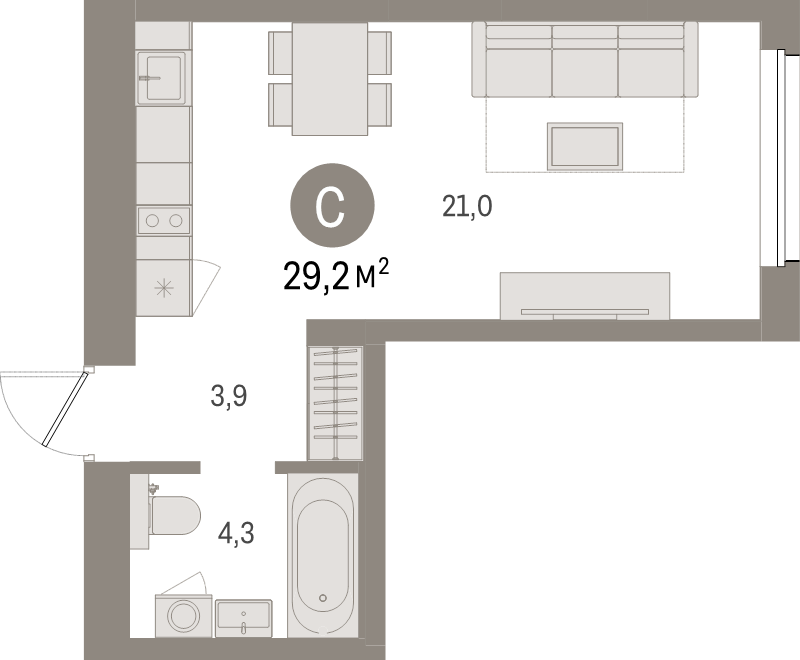 Квартира-студия, 29.2 м² - планировка, фото №1