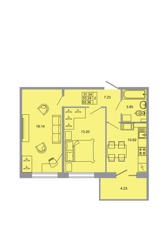 2-комнатная квартира, 54.6 м² - планировка, фото №1