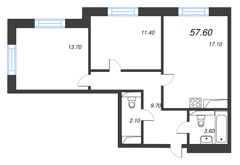 3-комнатная (Евро) квартира, 57.6 м² в ЖК "Большая Охта" - планировка, фото №1
