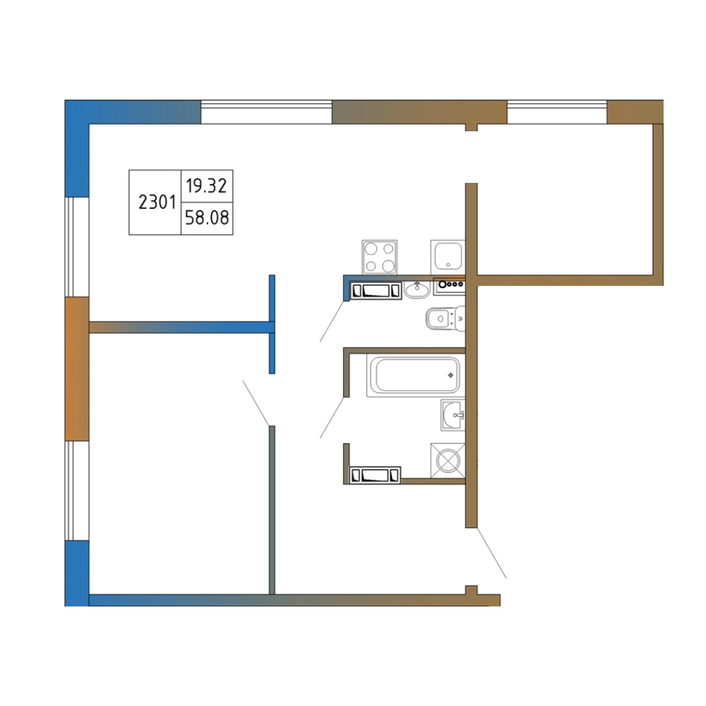 2-комнатная квартира, 58.08 м² в ЖК "Атмосфера Выборга" - планировка, фото №1
