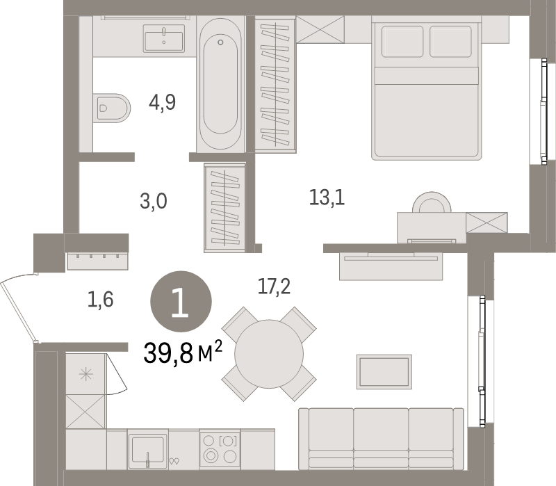 2-комнатная (Евро) квартира, 39.8 м² в ЖК "Брусника в Новоселье" - планировка, фото №1