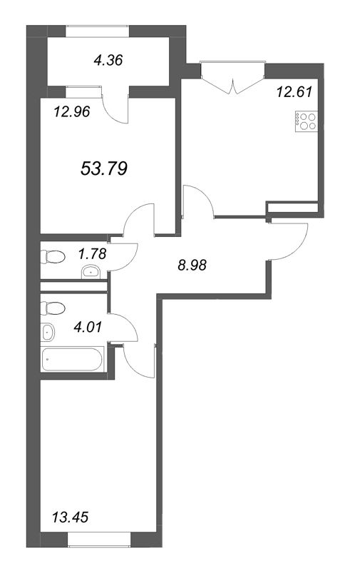 2-комнатная квартира, 53.79 м² в ЖК "Дубровский" - планировка, фото №1