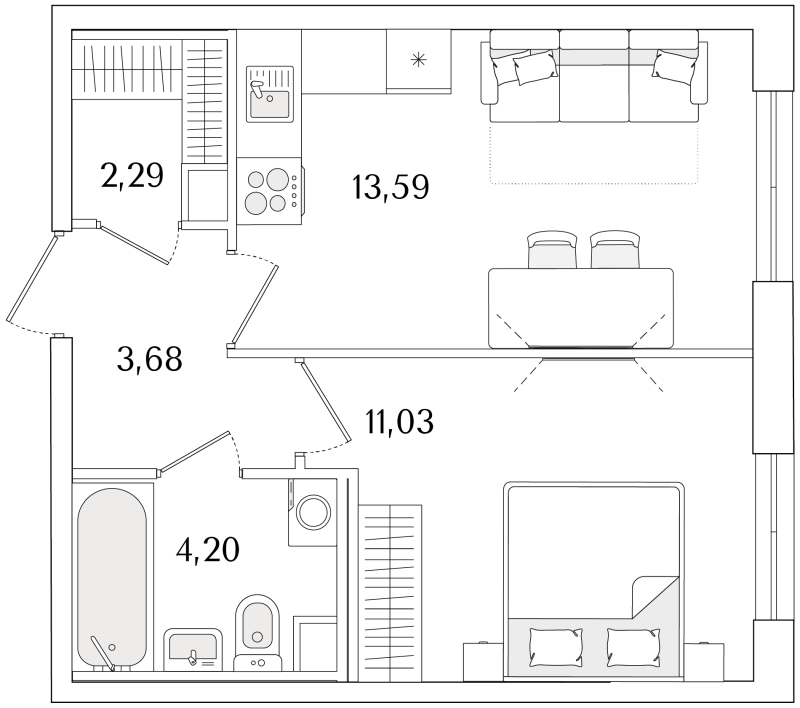 1-комнатная квартира, 34.79 м² в ЖК "Кинопарк" - планировка, фото №1