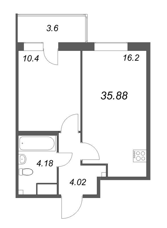2-комнатная (Евро) квартира, 35.88 м² - планировка, фото №1