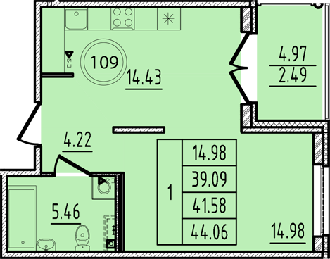 1-комнатная квартира, 39.09 м² в ЖК "Образцовый квартал 14" - планировка, фото №1