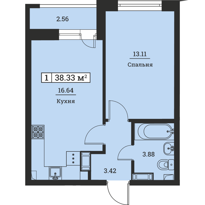 2-комнатная (Евро) квартира, 38.33 м² - планировка, фото №1