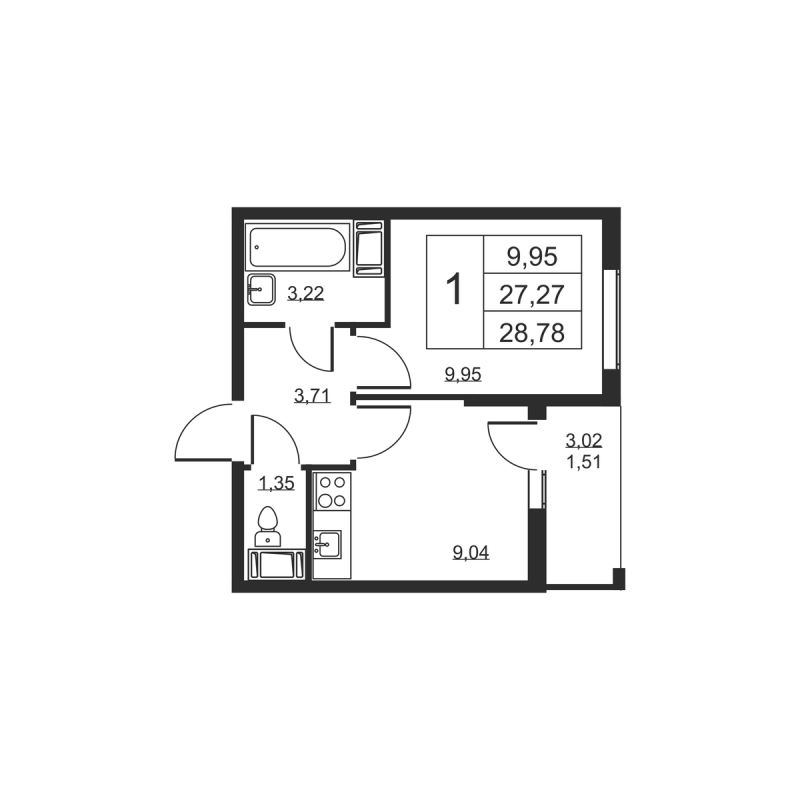 1-комнатная квартира, 28.78 м² - планировка, фото №1