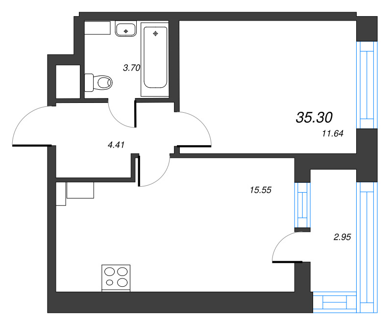 2-комнатная (Евро) квартира, 35.3 м² - планировка, фото №1
