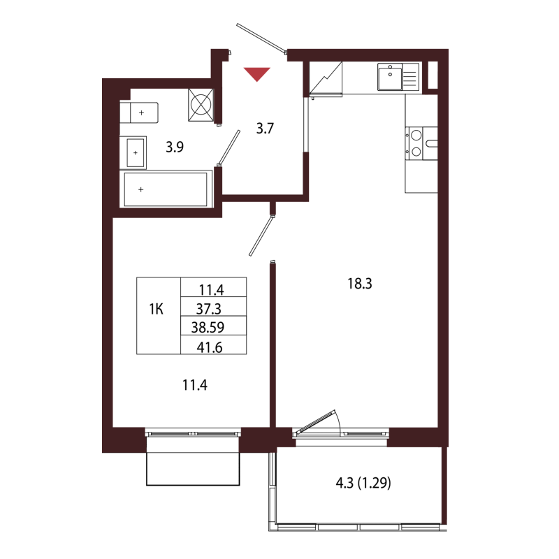 2-комнатная (Евро) квартира, 38.59 м² в ЖК "Лисино" - планировка, фото №1