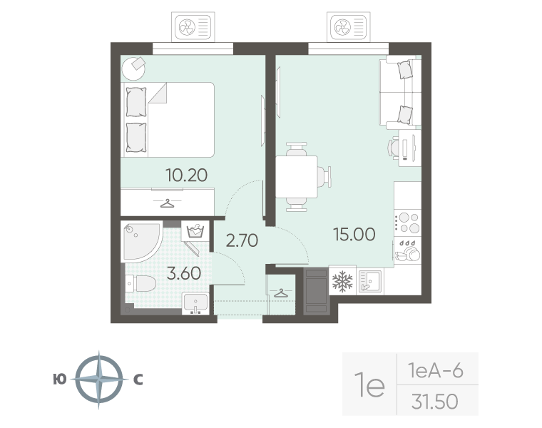 2-комнатная (Евро) квартира, 31.5 м² в ЖК "Зеркальный ручей" - планировка, фото №1
