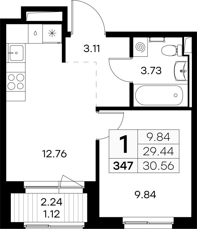 1-комнатная квартира, 30.56 м² в ЖК "GloraX Новоселье" - планировка, фото №1