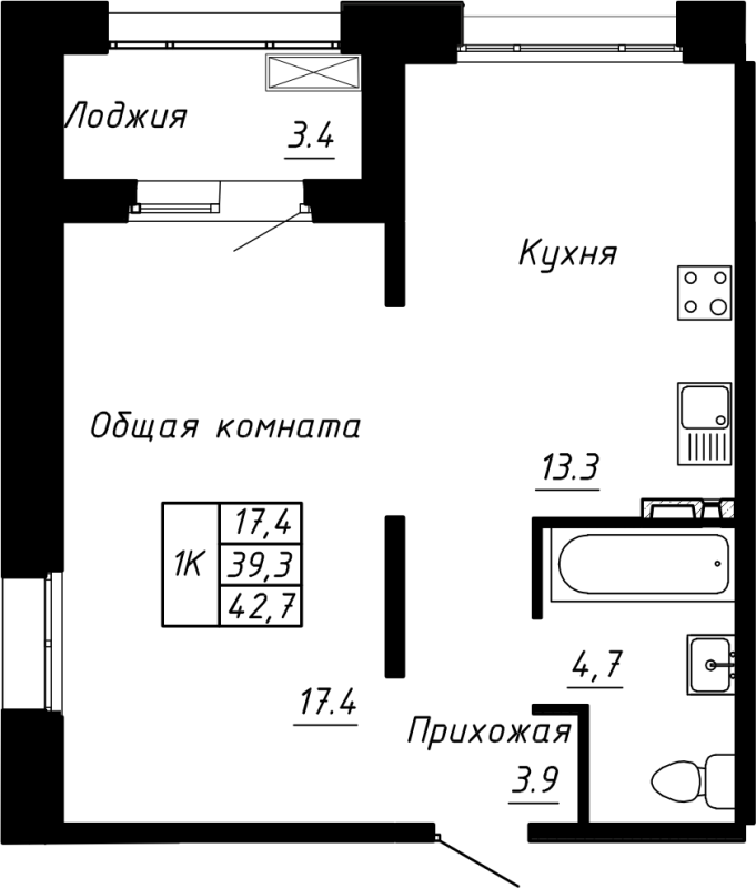 1-комнатная квартира, 42.7 м² в ЖК "Сибирь" - планировка, фото №1