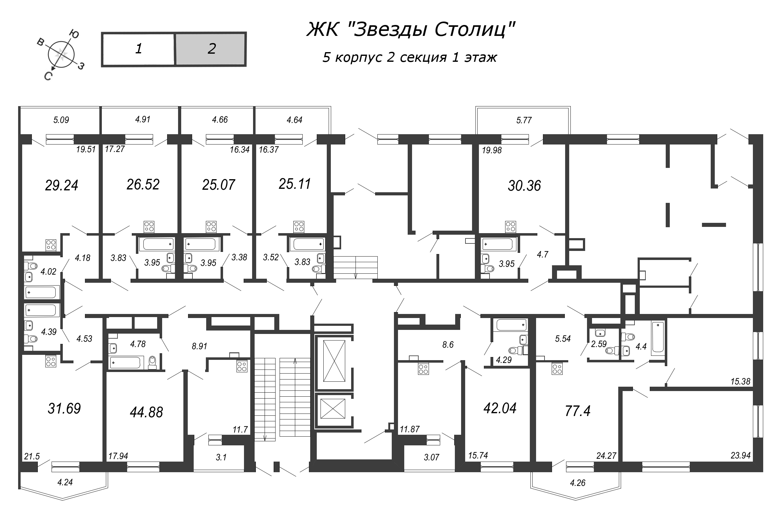 3-комнатная (Евро) квартира, 76.5 м² в ЖК "Звезды Столиц" - планировка этажа