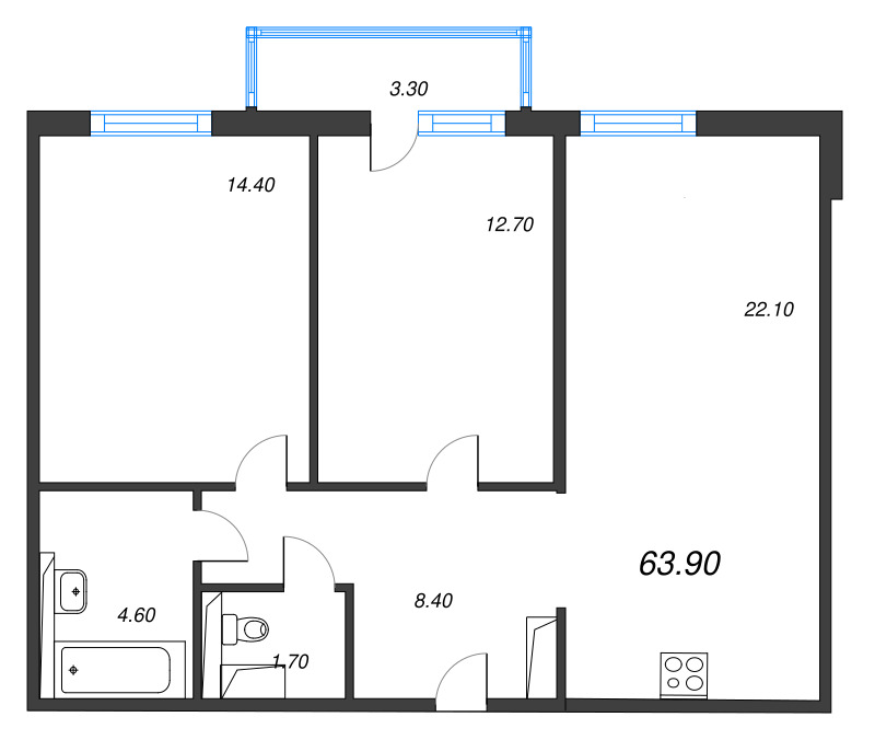 3-комнатная (Евро) квартира, 63.9 м² в ЖК "Руднева 15" - планировка, фото №1