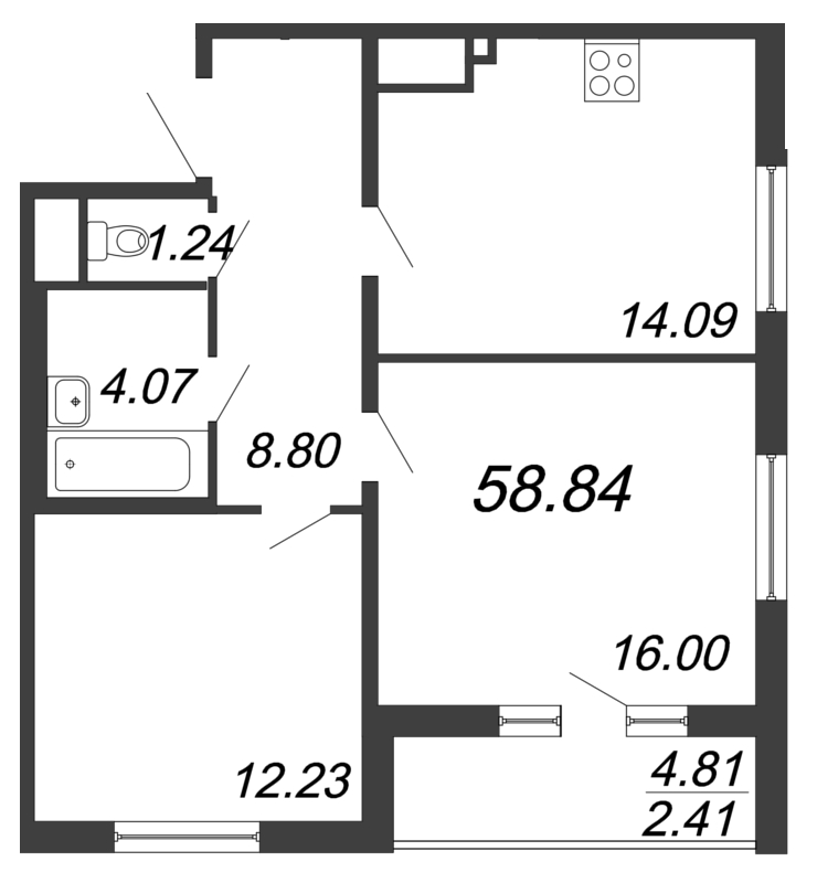 2-комнатная квартира, 58.84 м² в ЖК "Дефанс Бизнес" - планировка, фото №1