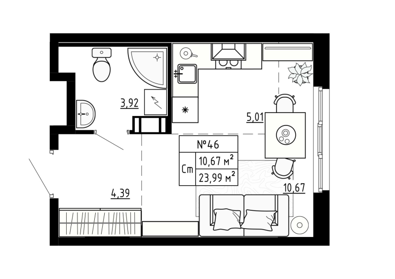 Квартира-студия, 23.98 м² - планировка, фото №1