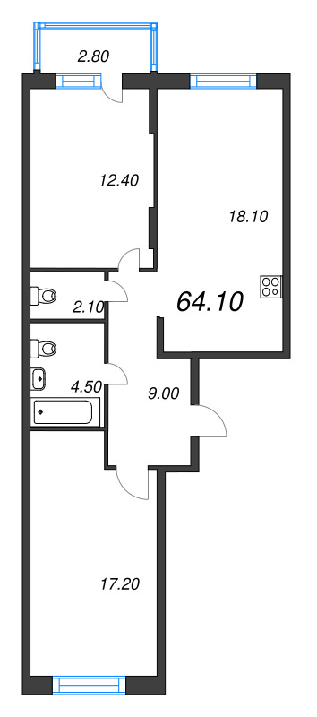 3-комнатная (Евро) квартира, 64.1 м² в ЖК "Ягодное Река Парк" - планировка, фото №1