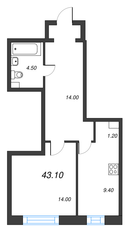 1-комнатная квартира, 43.67 м² - планировка, фото №1