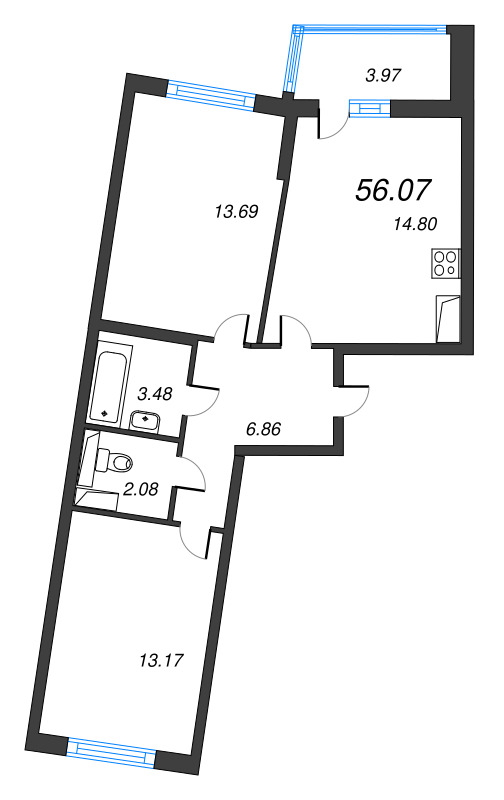 3-комнатная (Евро) квартира, 56.07 м² в ЖК "Дом Левитан" - планировка, фото №1