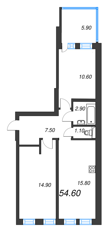 3-комнатная (Евро) квартира, 54.6 м² в ЖК "ЭКО Квартал NEGA" - планировка, фото №1