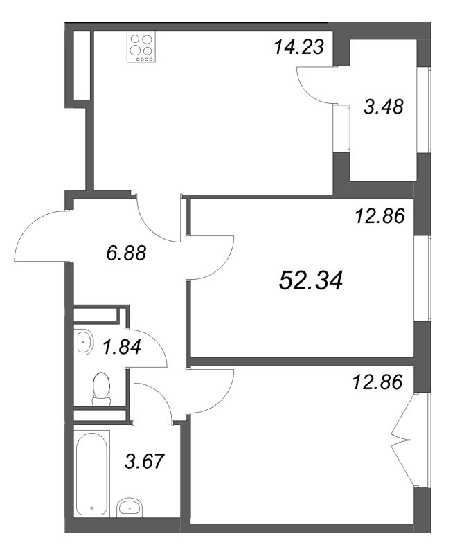 2-комнатная квартира, 52.34 м² в ЖК "Дубровский" - планировка, фото №1