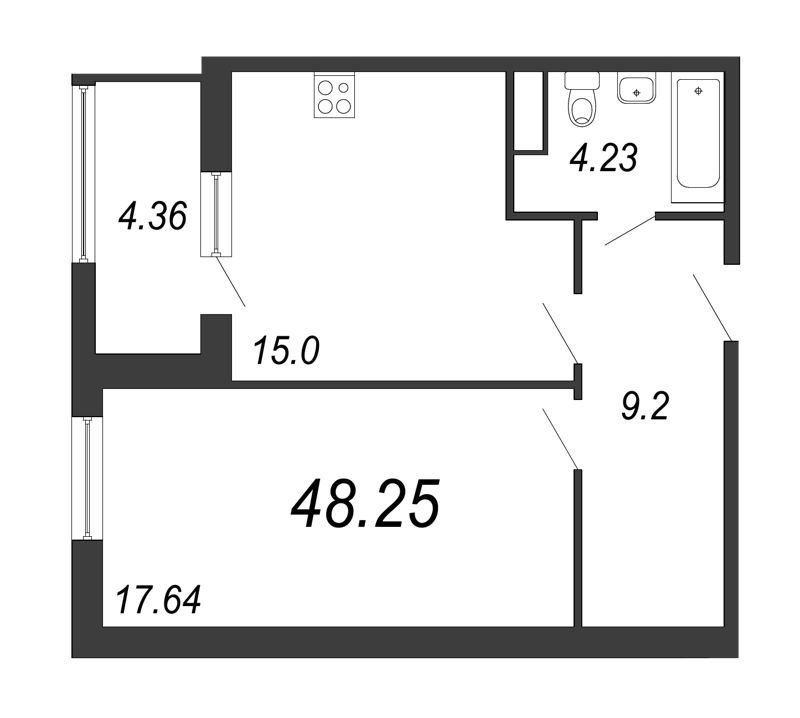 1-комнатная квартира, 48.7 м² - планировка, фото №1