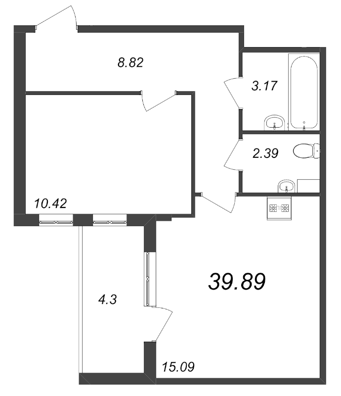 2-комнатная (Евро) квартира, 39.89 м² - планировка, фото №1