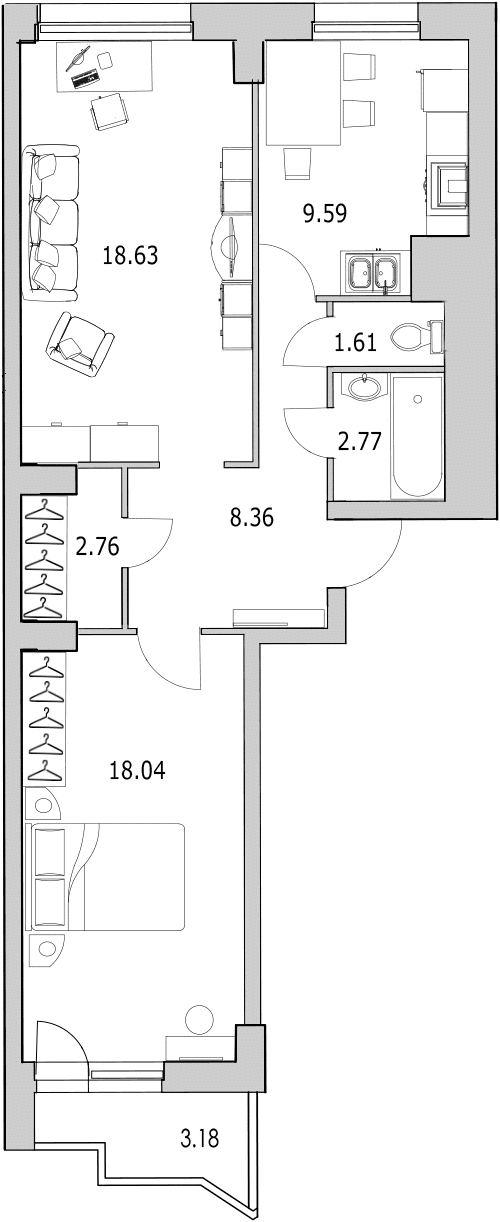 2-комнатная квартира, 63.9 м² - планировка, фото №1
