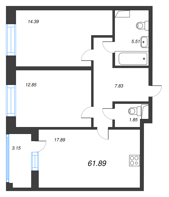 3-комнатная (Евро) квартира, 61.89 м² в ЖК "Аквилон Leaves" - планировка, фото №1
